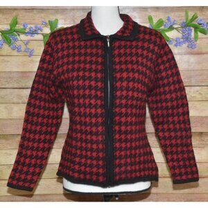 Paul Harris 100% Wool Red Houndstooth Full Zip Cardigan Sweater Size M Retro